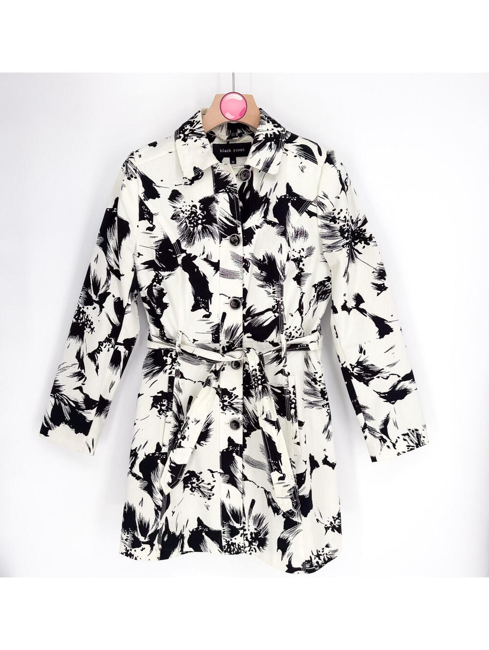 Black Rivet Floral‎ Belted Coat Jacket Lined Cream Black Women's XS